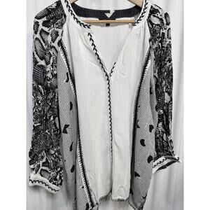 John Mark Womens Size 1X Black & White Embroidered Boho tunic Blouse NWT